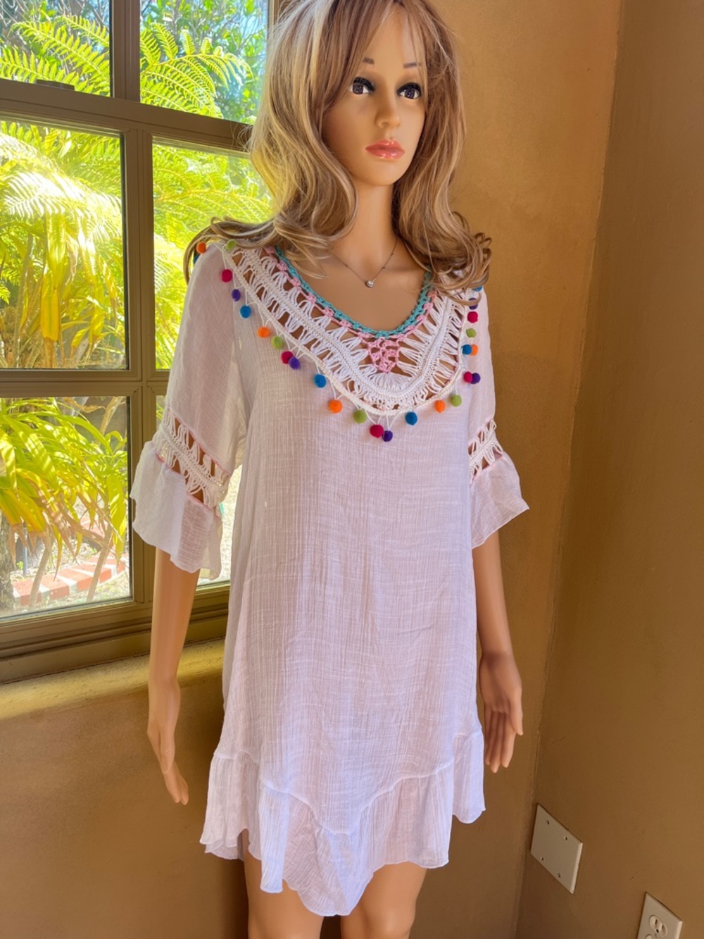 India Boutique White Dress/coverup with Crochet Trim